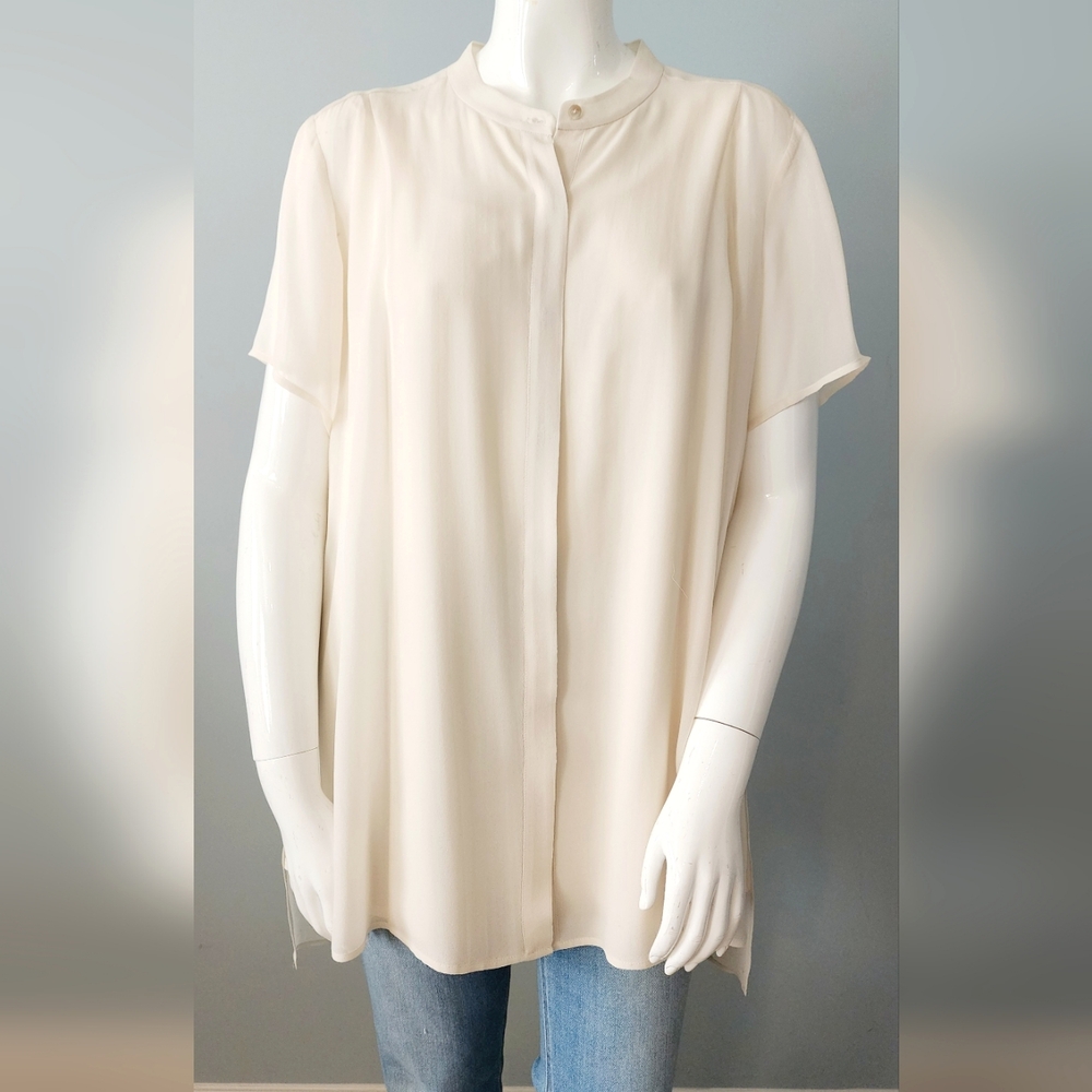 [2X] EILEEN FISHER 100% Silk Button Down Semi Sheer Short Sleeve Blouse